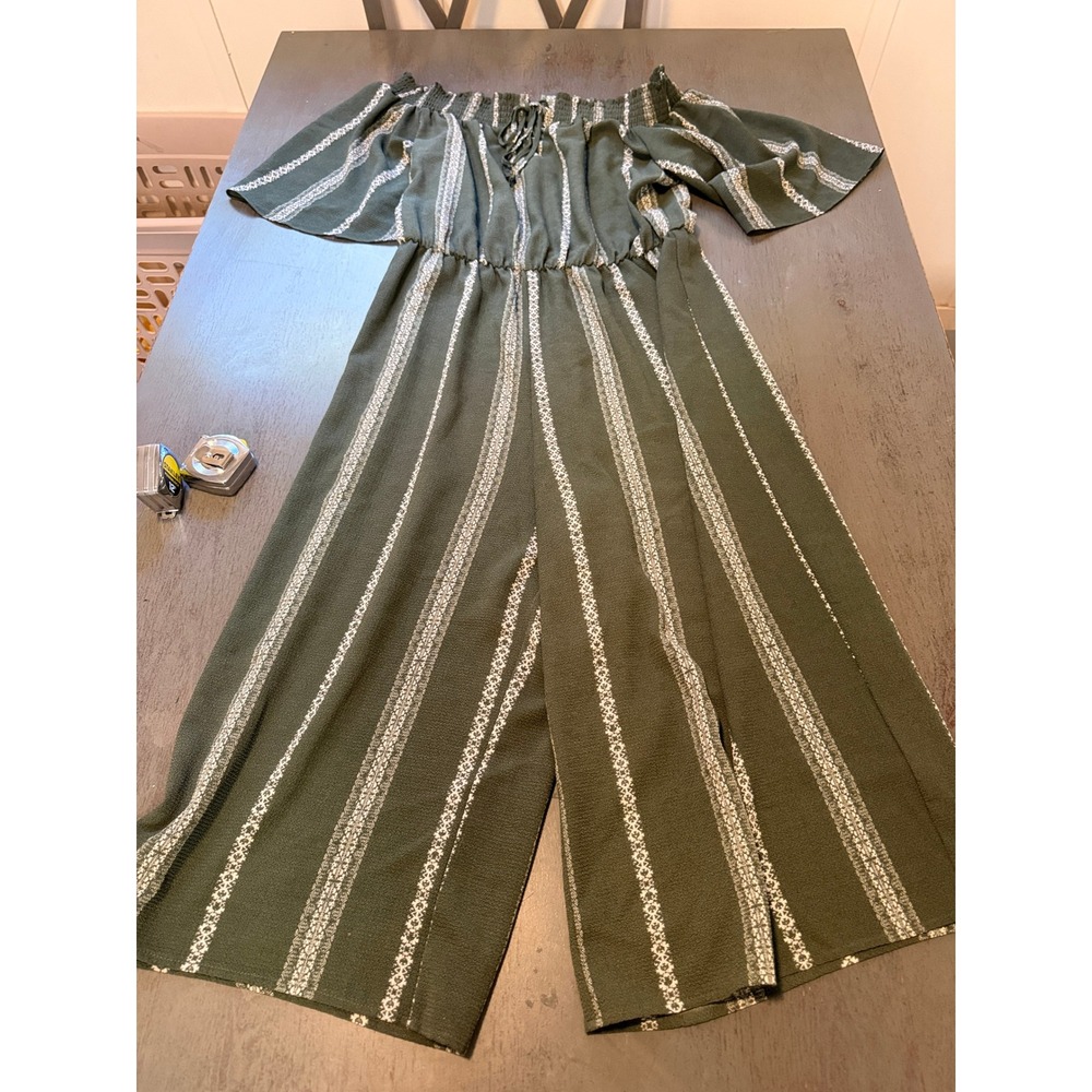 Bailey Blue Olive Green Striped Off Shoulder Wide Leg Jumpsuit XL Boho Summer